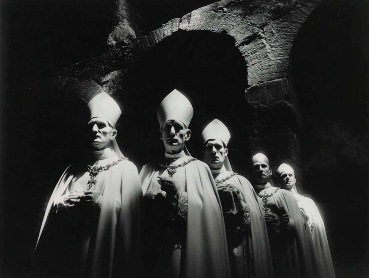 Catholic cardinals beneath a stone arch.