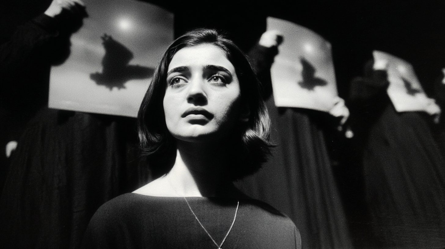 The daughter, among families holding photographs of the disappeared.